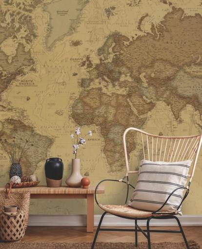 mural de papel pintado con un mapa vintage en sepia llamado Rustic World Map para dormitorios, cocinas y oficinas mural de papel pintado con un mapa vintage en sepia llamado Rustic World Map para dormitorios, cocinas y oficinas