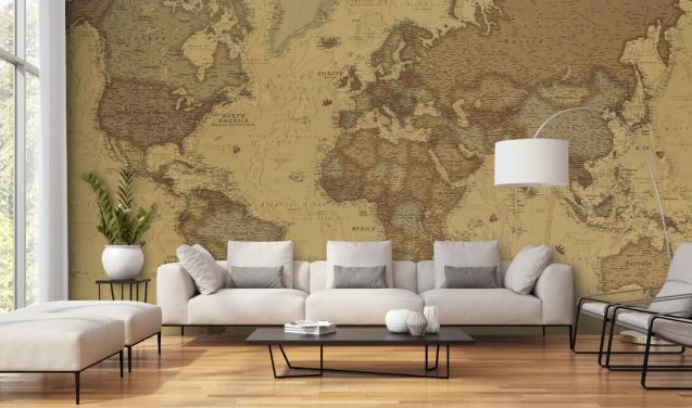 sepia vintage kort tapet vægmaleri kaldet Rustic World Map til soveværelser, køkkener og kontorer