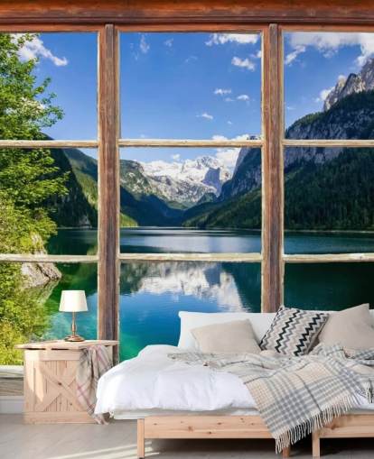 Decorazione murale con finestra con vista sulle montagne innevate Decorazione murale con finestra con vista sulle montagne innevate