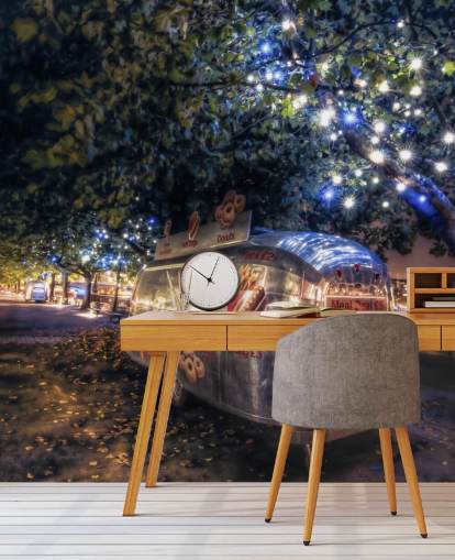 silver caravan in lit forest wallpaper silver caravan in lit forest wallpaper