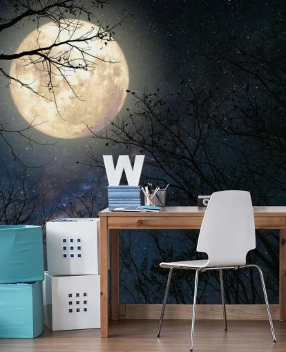 Navy Blue Starry Sky with Moon Over Forest Wall Mural Navy Blue Starry Sky with Moon Over Forest Wall Mural