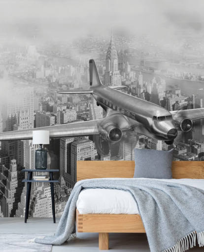 schwarz-weiße, individuell gestaltbare Flugzeugtapete im Vintage-Stil namens DC-3 Over NYC für Wohnzimmer, Büro und Gästezimmer schwarz-weiße, individuell gestaltbare Flugzeugtapete im Vintage-Stil namens DC-3 Over NYC für Wohnzimmer, Büro und Gästezimmer