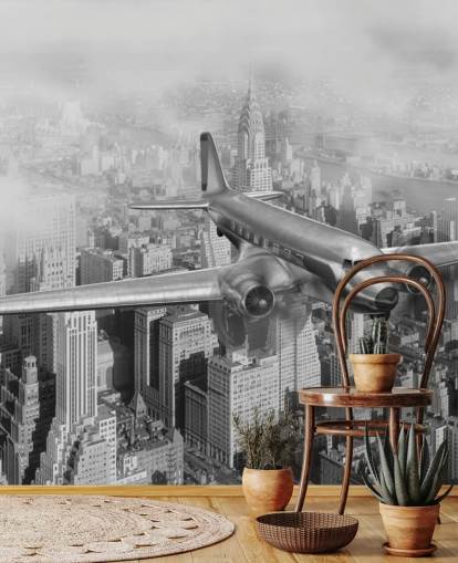 mustavalkoinen muokattava vintage-lentokoneen taustakuvamaalaus nimeltään DC-3 Over NYC olohuoneisiin, toimistoihin ja vierashuoneisiin mustavalkoinen muokattava vintage-lentokoneen taustakuvamaalaus nimeltään DC-3 Over NYC olohuoneisiin, toimistoihin ja vierashuoneisiin