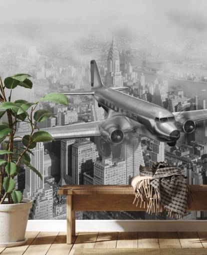 black and white customizable vintage airplane wallpaper mural called DC-3 Over NYC for living rooms, offices and guest rooms black and white customizable vintage airplane wallpaper mural called DC-3 Over NYC for living rooms, offices and guest rooms