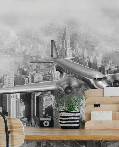 mural de papel pintado de avión vintage personalizable en blanco y negro llamado DC-3 Over NYC para salas de estar, oficinas y habitaciones mural de papel pintado de avión vintage personalizable en blanco y negro llamado DC-3 Over NYC para salas de estar, oficinas y habitaciones
