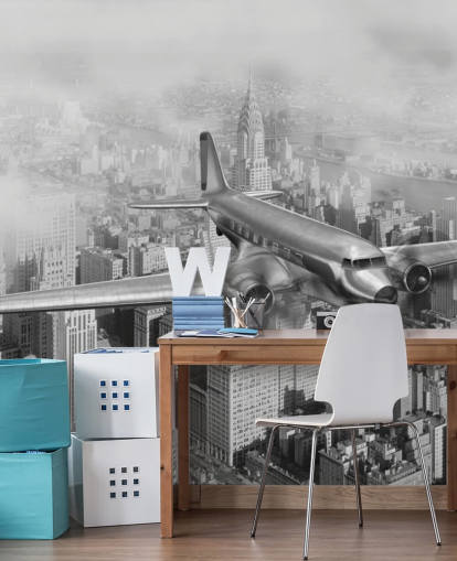 zwart-wit aanpasbare vintage vliegtuigbehangmuurschildering genaamd DC-3 Over NYC voor woonkamers, kantoren en gastenkamers zwart-wit aanpasbare vintage vliegtuigbehangmuurschildering genaamd DC-3 Over NYC voor woonkamers, kantoren en gastenkamers