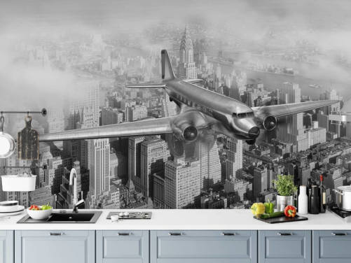 svart-hvitt tilpassbart vintage fly-tapetmaleri kalt DC-3 Over NYC for stuer, kontorer og gjesterom