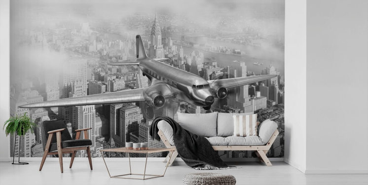 sort/hvid tilpasselig vintage flytapet vægmaleri kaldet DC-3 Over NYC til stuer, kontorer og værelser