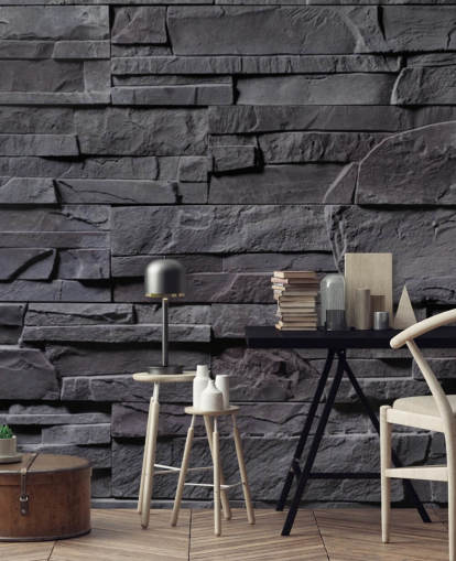 mural de papel de parede de tijolo cinza chamado Stone Wall - Charcoal Grey para quartos, cozinhas e banheiros mural de papel de parede de tijolo cinza chamado Stone Wall - Charcoal Grey para quartos, cozinhas e banheiros