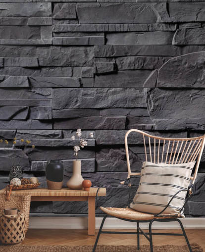 grijze baksteenbehangmuurschildering genaamd Stone Wall - Charcoal Grey voor slaapkamers, keukens en badkamers grijze baksteenbehangmuurschildering genaamd Stone Wall - Charcoal Grey voor slaapkamers, keukens en badkamers