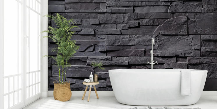 grå tegel tapet väggmålning kallad Stone Wall - Charcoal Grey för sovrum, kök och badrum