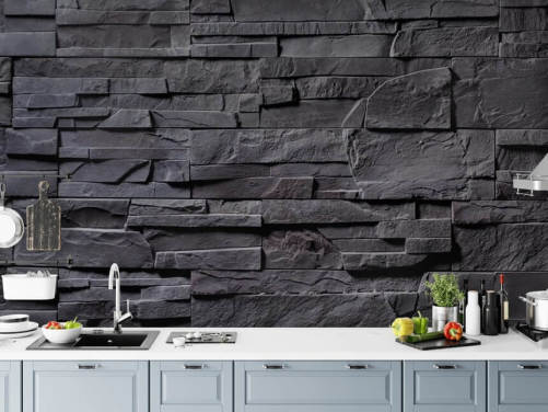 grå mursten tapet vægmaleri kaldet Stone Wall - Charcoal Grey til soveværelser, køkkener og badeværelser