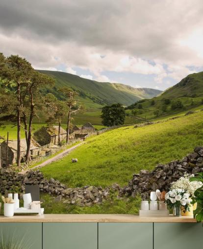 Lakeland Valley Farm, Felt og Tørr Stone Wall Mural Lakeland Valley Farm, Felt og Tørr Stone Wall Mural