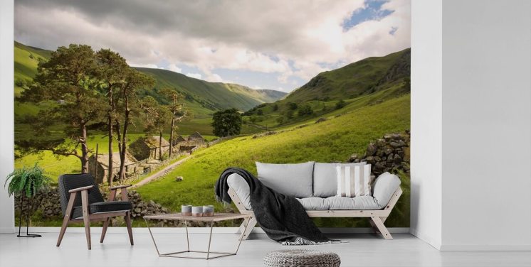 Lakeland Valley Farm, Felder und Trockenstein Fototapete