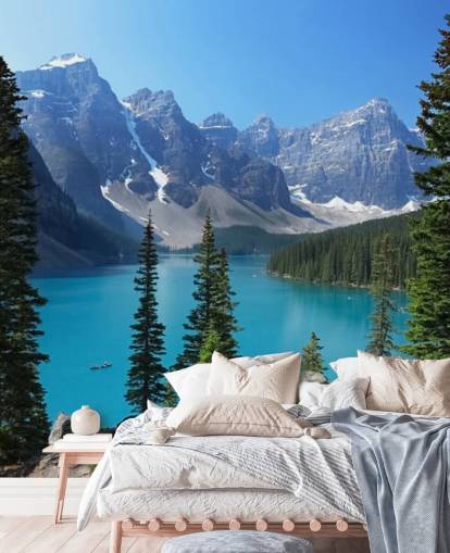 Tapeten-Wandbild mit blauem See und Bergen namens Moraine Lake in den kanadischen Rocky Mountains für Heimbüros und Wohnzimmer Tapeten-Wandbild mit blauem See und Bergen namens Moraine Lake in den kanadischen Rocky Mountains für Heimbüros und Wohnzimmer