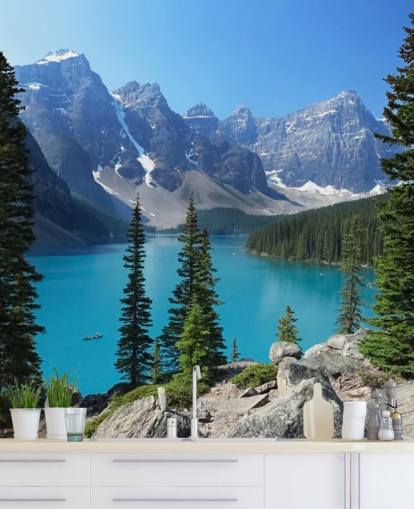 blå innsjø og fjelltapet veggmaleri kalt Moraine Lake i de kanadiske Rockies for hjemmekontorer og stuer blå innsjø og fjelltapet veggmaleri kalt Moraine Lake i de kanadiske Rockies for hjemmekontorer og stuer
