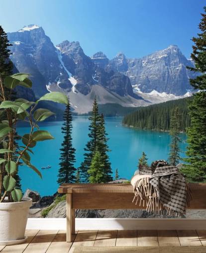 blue lake and mountain wallpaper mural called Moraine Lake in the Canadian Rockies for home offices and living rooms blue lake and mountain wallpaper mural called Moraine Lake in the Canadian Rockies for home offices and living rooms