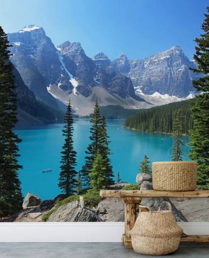 blå sjö och berg tapetväggmålning som heter Moraine Lake i de kanadensiska Rockies för hemmakontor och vardagsrum blå sjö och berg tapetväggmålning som heter Moraine Lake i de kanadensiska Rockies för hemmakontor och vardagsrum