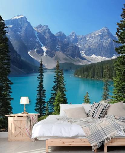 blå sjö och berg tapetväggmålning som heter Moraine Lake i de kanadensiska Rockies för hemmakontor och vardagsrum blå sjö och berg tapetväggmålning som heter Moraine Lake i de kanadensiska Rockies för hemmakontor och vardagsrum
