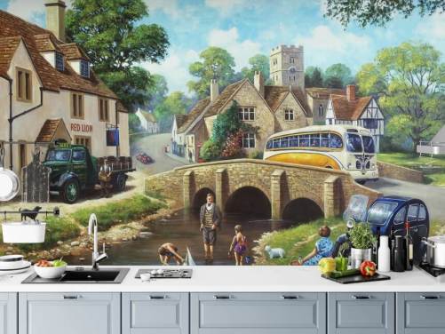 paddling in the village river in the past wallpaper