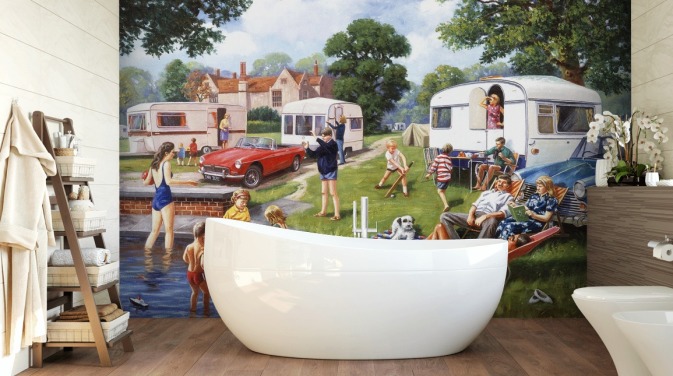 caravan by lake holidayers wallpaper