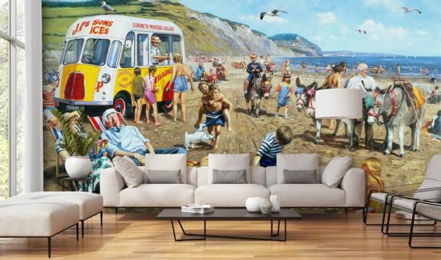 old fashioned sea side holiday painting wallpaper