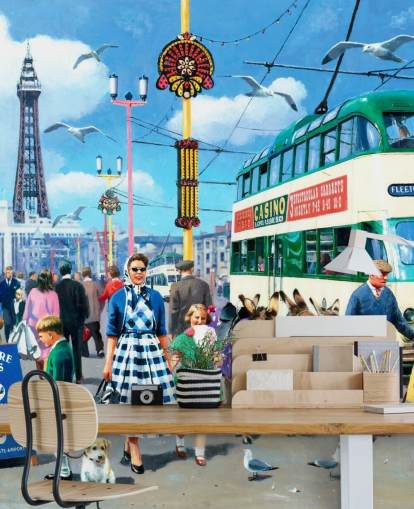 mural de papel de parede colorido da era passada chamado Happy Days Blackpool de Kevin Walsh para casas de repouso mural de papel de parede colorido da era passada chamado Happy Days Blackpool de Kevin Walsh para casas de repouso