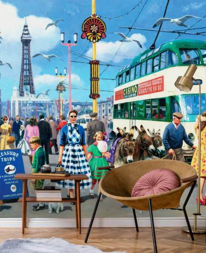 colorful bygone era wallpaper mural called Happy Days Blackpool by Kevin Walsh for care homes colorful bygone era wallpaper mural called Happy Days Blackpool by Kevin Walsh for care homes