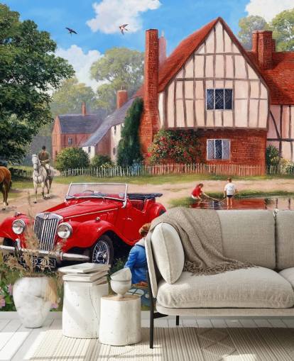 vintage landsby, bil og picnickers tapet vintage landsby, bil og picnickers tapet