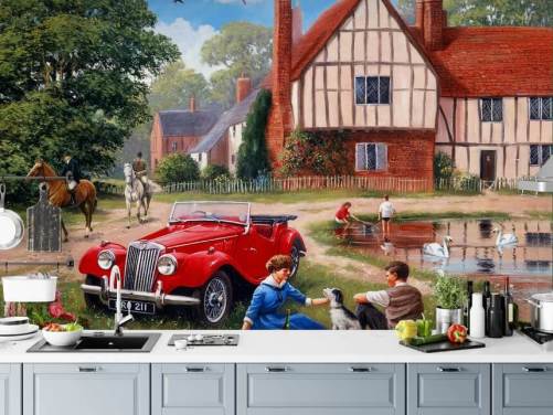 vintage village, car and picnickers wallpaper