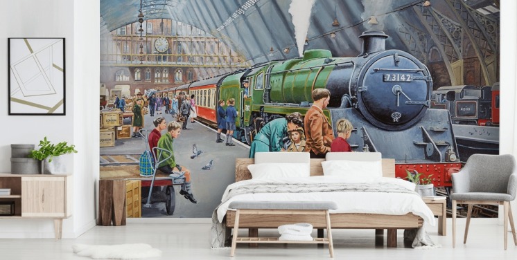 indoor train station in the 1950s wallpaper