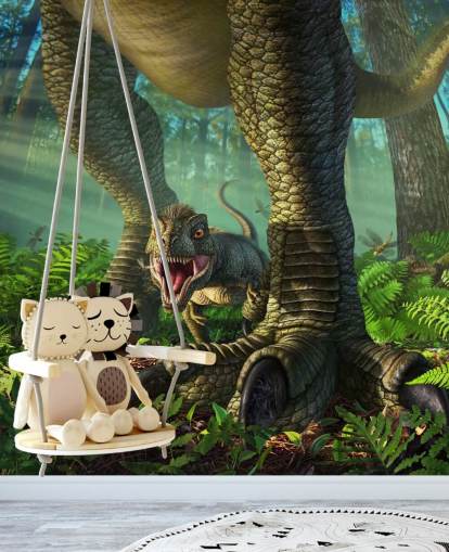gröna barns dinosaurie tapetväggmålning som heter Wee Rex av Jerry LoFaro för barnens sovrum och lekrum gröna barns dinosaurie tapetväggmålning som heter Wee Rex av Jerry LoFaro för barnens sovrum och lekrum