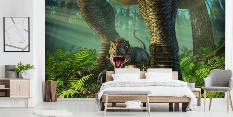 grønne børns dinosaur tapetmaleri kaldet Wee Rex af Jerry LoFaro til børns soveværelser og legerum