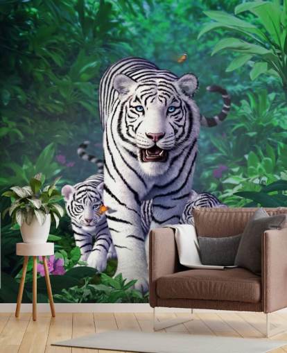 Papier Peint Fresque Tigre blanc et petits Papier Peint Fresque Tigre blanc et petits