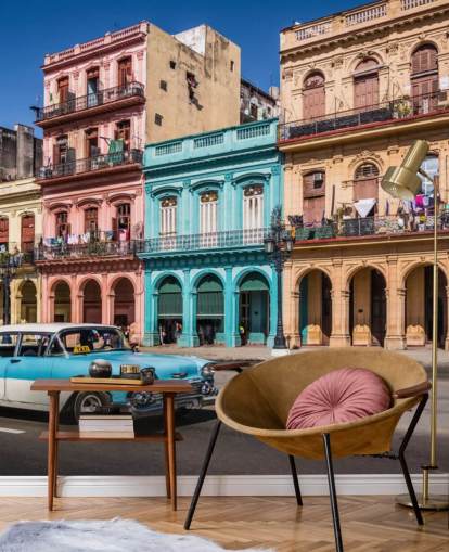 Turquoise Old Car on Old Havana Street Wallpaper Turquoise Old Car on Old Havana Street Wallpaper