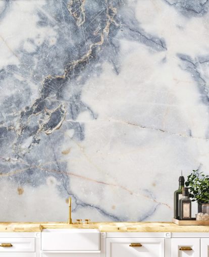 witte en blauwe aanpasbare marmeren behangmuurschildering genaamd White Marble voor keukens en badkamers witte en blauwe aanpasbare marmeren behangmuurschildering genaamd White Marble voor keukens en badkamers