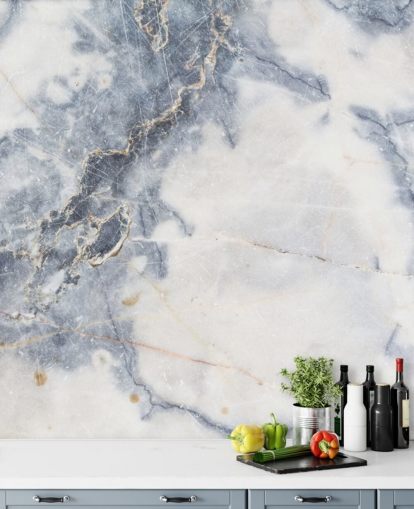 witte en blauwe aanpasbare marmeren behangmuurschildering genaamd White Marble voor keukens en badkamers witte en blauwe aanpasbare marmeren behangmuurschildering genaamd White Marble voor keukens en badkamers