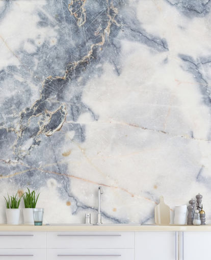 witte en blauwe aanpasbare marmeren behangmuurschildering genaamd White Marble voor keukens en badkamers witte en blauwe aanpasbare marmeren behangmuurschildering genaamd White Marble voor keukens en badkamers
