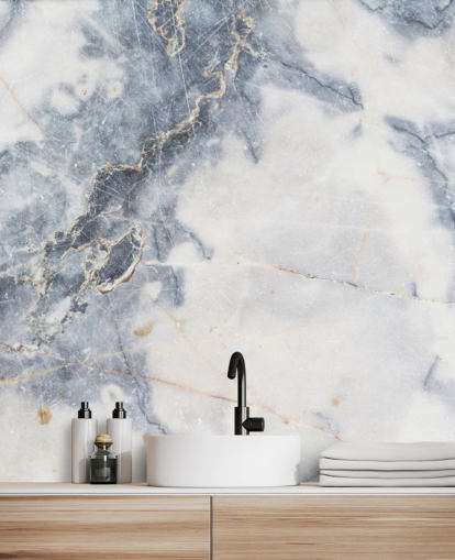 hvit og blå tilpassbar marmor tapet veggmaleri kalt White Marble for kjøkken og bad hvit og blå tilpassbar marmor tapet veggmaleri kalt White Marble for kjøkken og bad