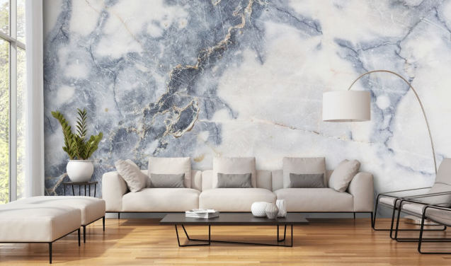 hvit og blå tilpassbar marmor tapet veggmaleri kalt White Marble for kjøkken og bad