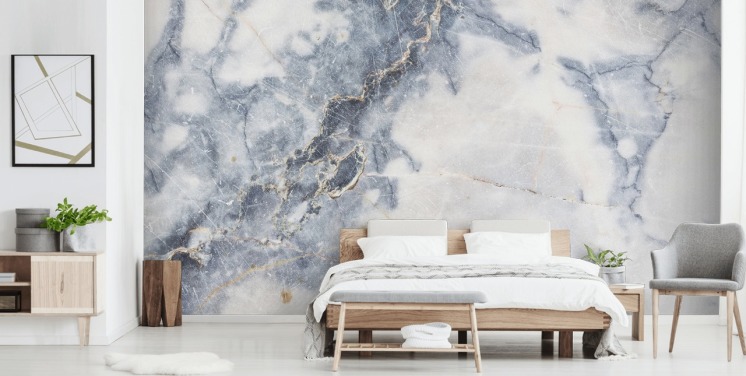 hvit og blå tilpassbar marmor tapet veggmaleri kalt White Marble for kjøkken og bad