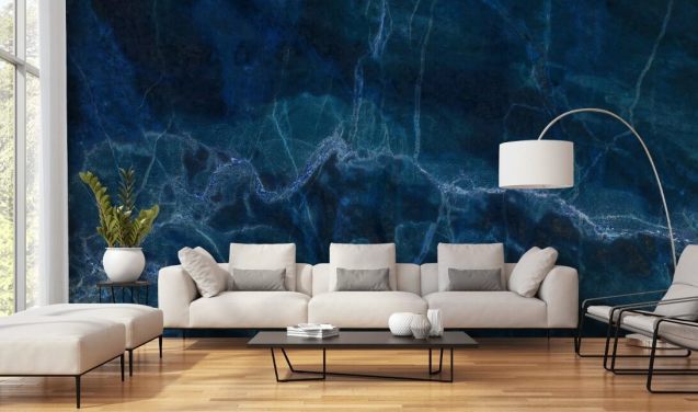 marineblå tilpassbar marmor tapet veggmaleri kalt Dark Blue Marble for soverom, bad og kjøkken
