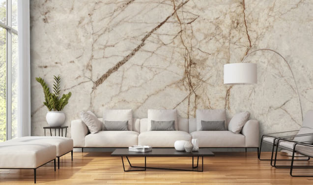 fløde og lysebrun marmor effekt tapetmaleri kaldet Natural Effect Marble til soveværelser, køkkener og badeværelser