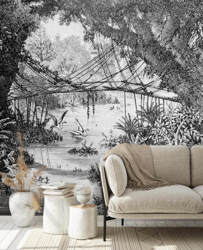 Black and White Vintage Jungle Illustration Wallpaper Black and White Vintage Jungle Illustration Wallpaper