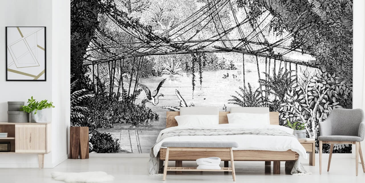 Schwarz und Weiß Vintage Dschungel Abbildung Wallpaper Schwarz und Weiß Vintage Dschungel Abbildung Wallpaper