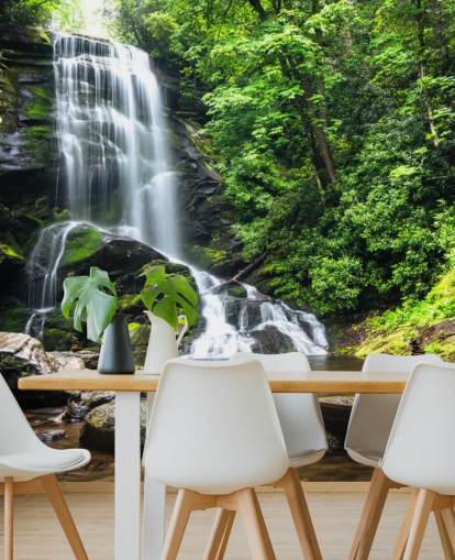 grønt brugerdefineret skov tapetmaleri kaldet Zen Waterfall til stuer grønt brugerdefineret skov tapetmaleri kaldet Zen Waterfall til stuer