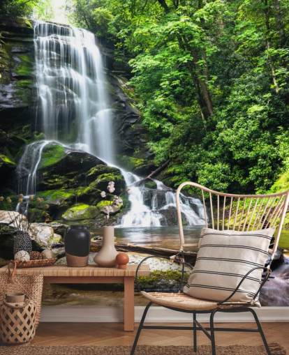 grön anpassad skogstapetväggmålning som heter Zen Waterfall för vardagsrum grön anpassad skogstapetväggmålning som heter Zen Waterfall för vardagsrum