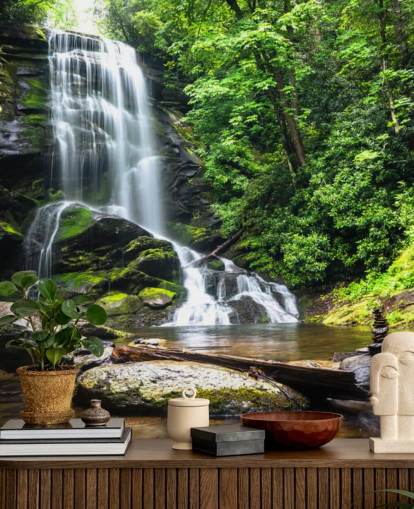 green custom forest wallpaper mural called Zen Waterfall for living rooms green custom forest wallpaper mural called Zen Waterfall for living rooms
