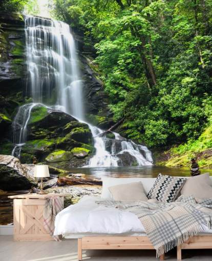 green custom forest wallpaper mural called Zen Waterfall for living rooms green custom forest wallpaper mural called Zen Waterfall for living rooms