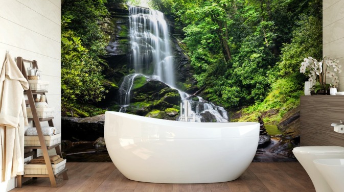 grünes kundenspezifisches Waldtapeten-Wandbild namens Zen-Wasserfall für Wohnzimmer